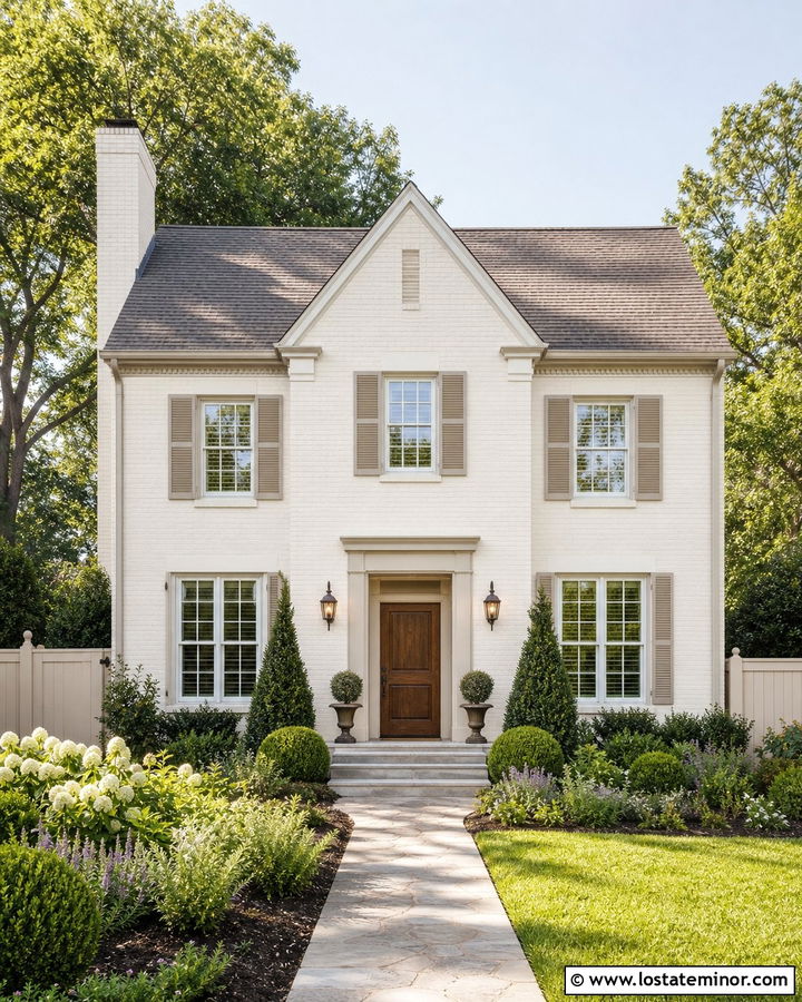Warm White Brick House With Cream Fence - 30 Warm White House Design With Fence Ideas