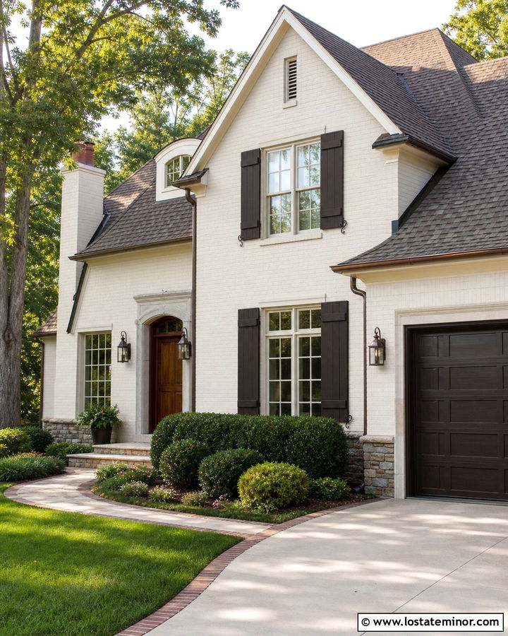 Warm White Brick House With Dark Brown Shutters - 30 Warm White House Design With Shutters Ideas