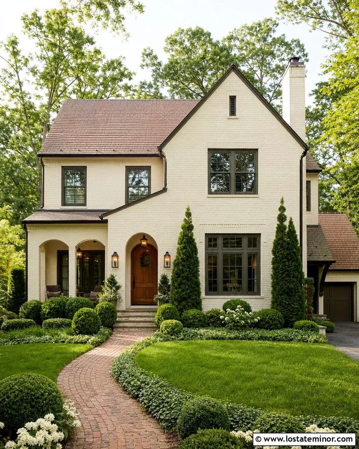 Warm White Brick House With Evergreen Landscaping - 30 Warm White House Design With Landscaping Ideas