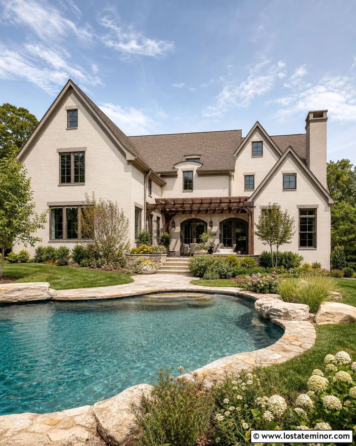 Warm White Brick House With Free Form Pool - 30 Warm White House Design With Swimming Pool Ideas