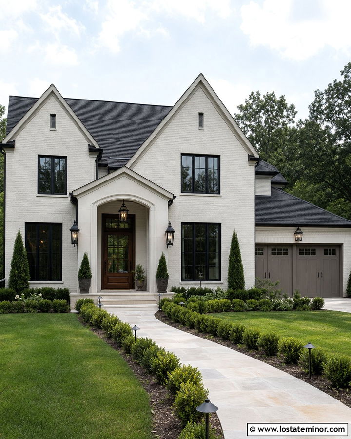 Warm White Brick House With Gas Lanterns - 30 Warm White House Design With Light Fixtures Ideas