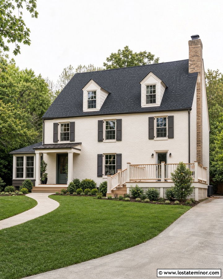 Warm White Brick House With Natural Wood Deck - 30 Warm White House Design With Deck Ideas