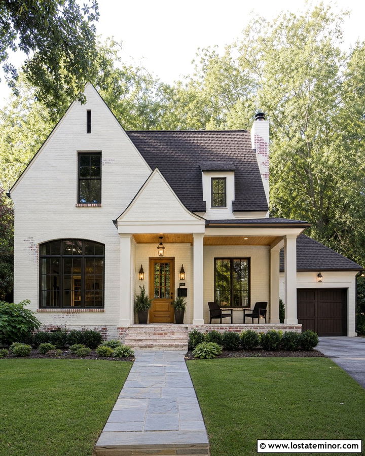 Warm White Brick House With Pine Porch Ceiling - 30 Warm White House Design With Porch Ceiling Ideas