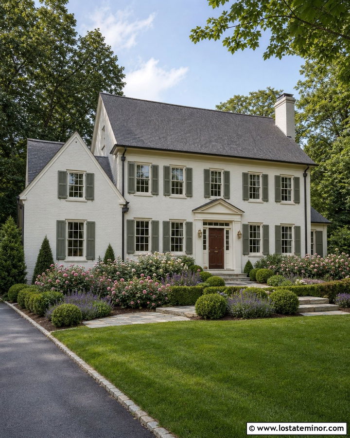 Warm White Brick House With Rose Beds - 30 Warm White House Design With Front Yard Ideas