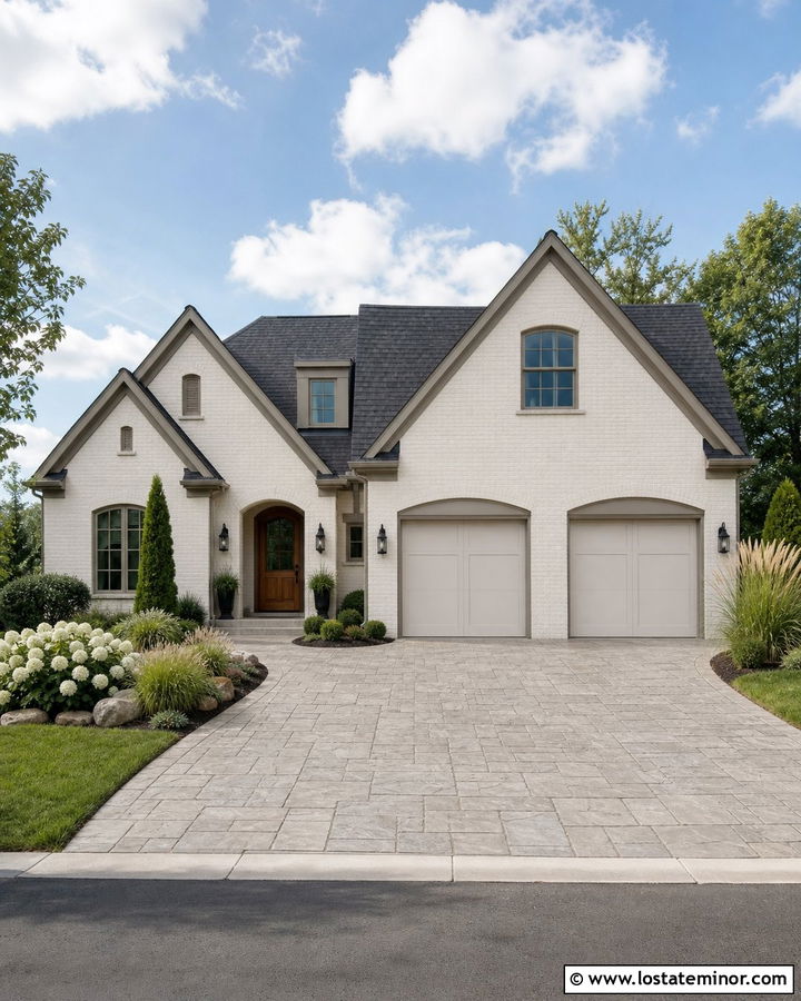 Warm White Brick House With Stamped Concrete Driveway - 30 Warm White House Design With Driveway Ideas