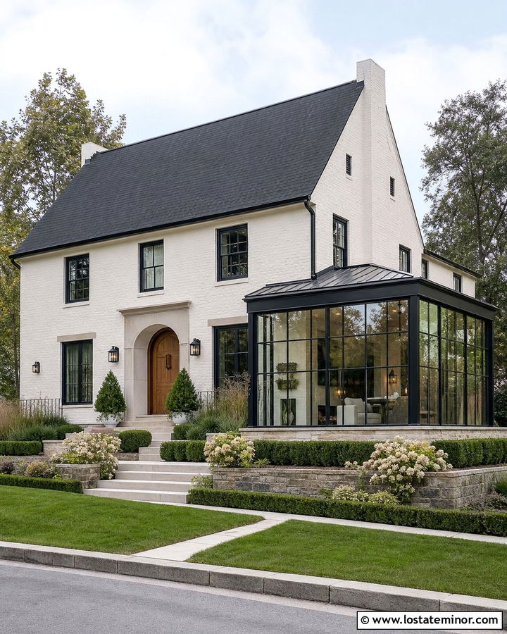 Warm White Brick House With Steel Sunroom - 30 Warm White House Design With Sunroom Ideas
