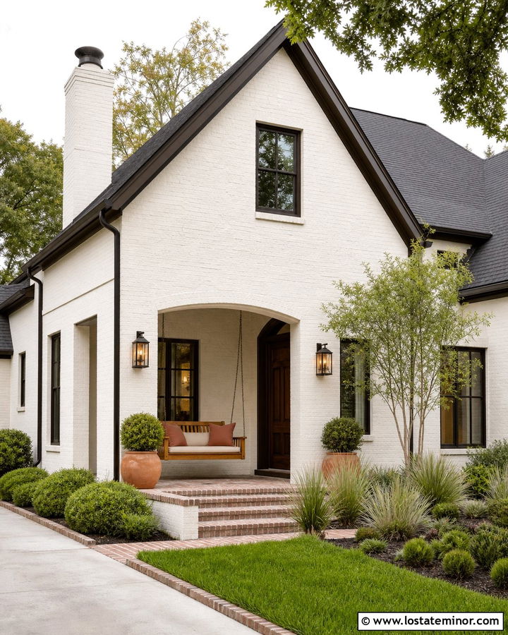 Warm White Brick House With Teak Swing - 30 Warm White House Design With Swing Ideas