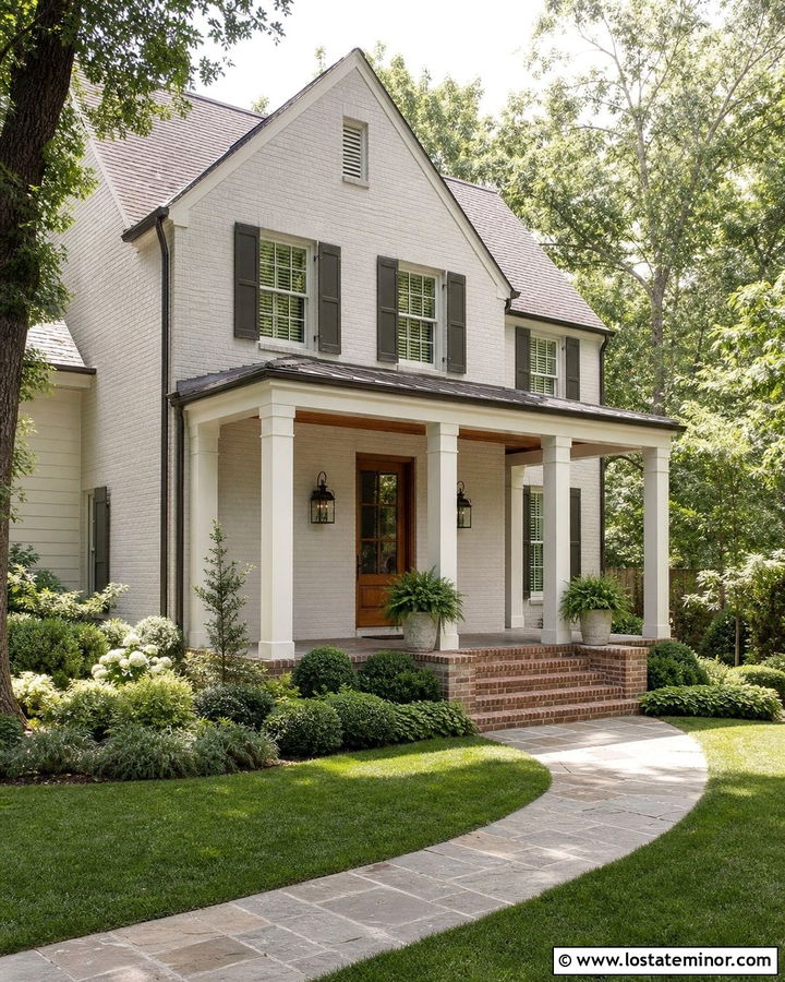 Warm White Brick House With White Porch Columns - 30 Warm White House Design With Porch Columns Ideas
