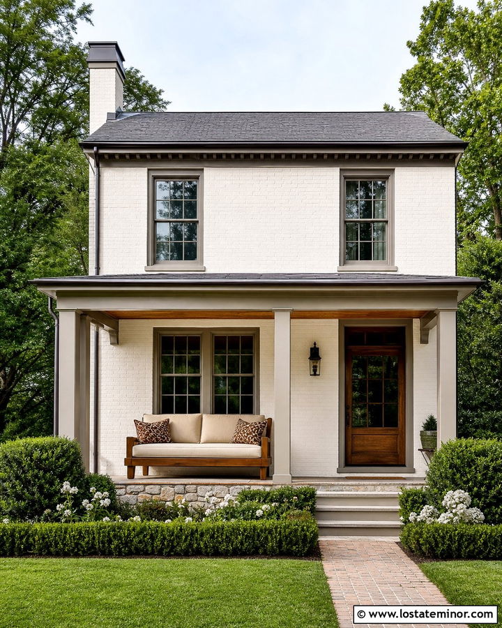Warm White Brick House With Wood Daybed - 30 Warm White House Design With Daybed Ideas