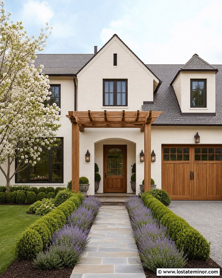 Warm White Brick House With Wood Pergola - 30 Warm White House Design With Pergola Ideas