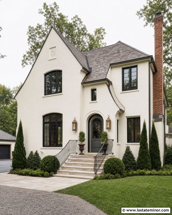 Warm White Brick House With Wrought Iron Railings - 30 Warm White House Design With Railings Ideas