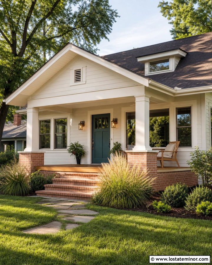 Warm White Bungalow With Blush Brick Accents - 30 Warm White House Design With Brick Accents Ideas