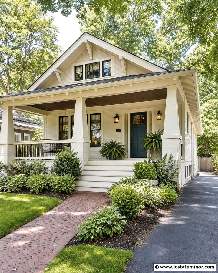 Warm White Bungalow With Brick Walkway - 30 Warm White House Design With Front Yard Ideas
