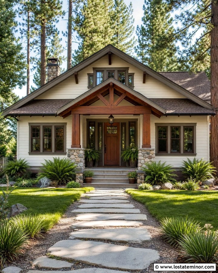Warm White Bungalow With Decorative Gables - 30 Warm White House Design With Gables Ideas