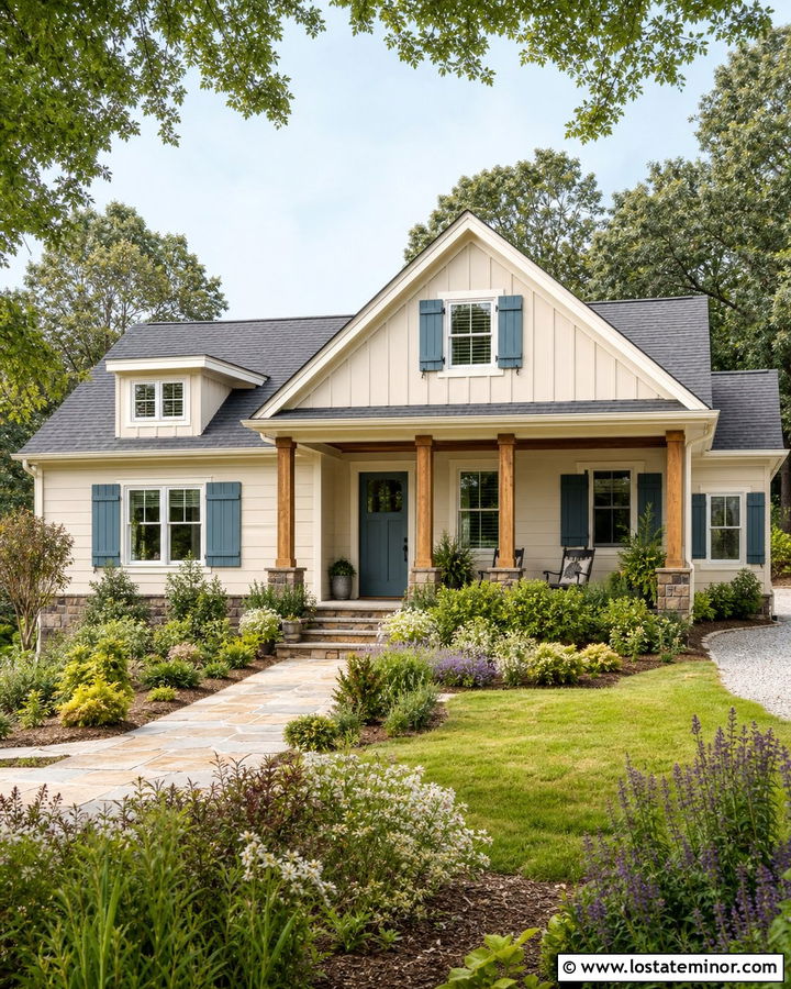 Warm White Bungalow With Dusty Blue Shutters - 30 Warm White House Design With Shutters Ideas