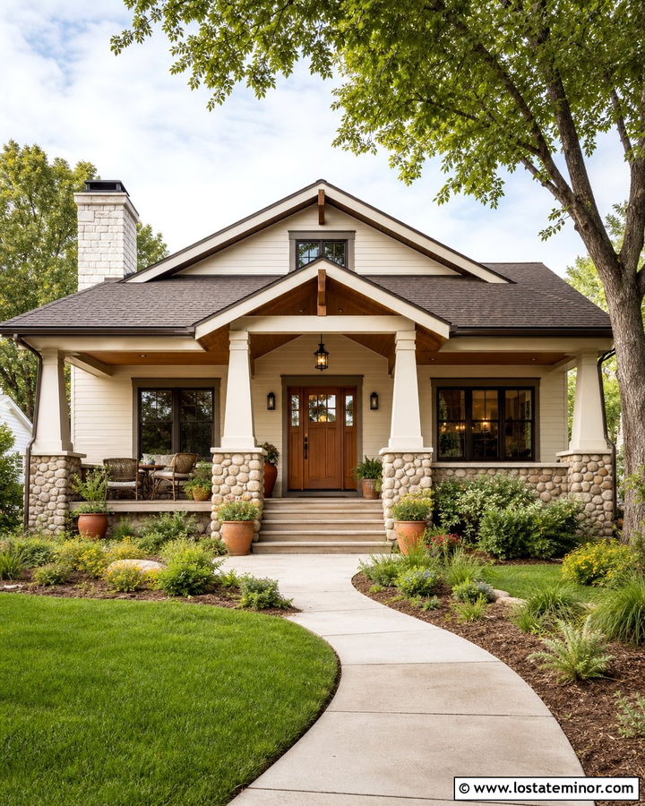 Warm White Bungalow With Oak Porch Ceiling - 30 Warm White House Design With Porch Ceiling Ideas