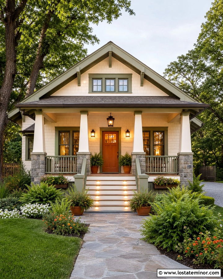 Warm White Bungalow With Pendant Porch Light - 30 Warm White House Design With Lighting Ideas
