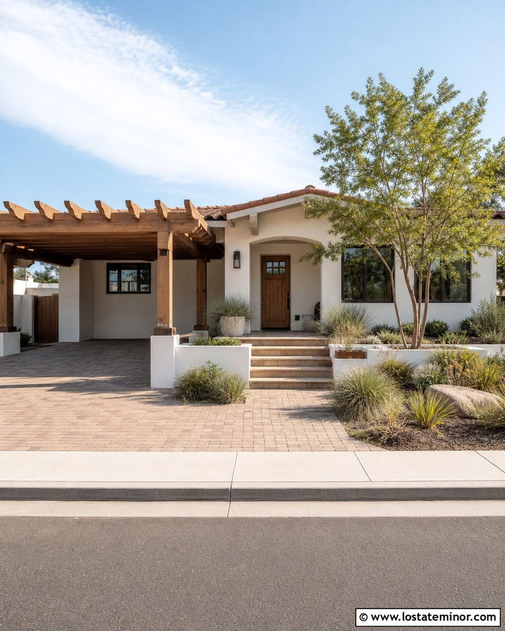 Warm White Bungalow With Pergola Carport - 30 Warm White House Design With Carport Ideas