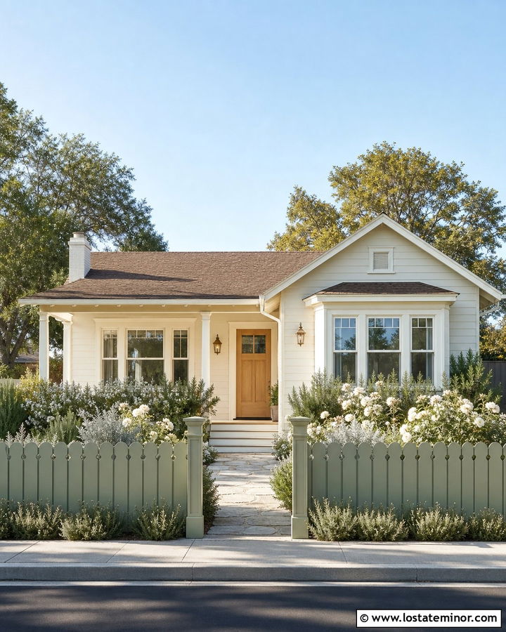 Warm White Bungalow With Sage Green Fence - 30 Warm White House Design With Fence Ideas