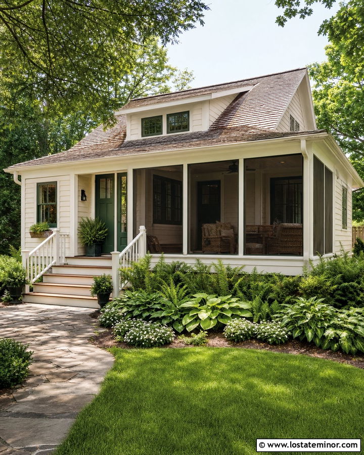 Warm White Bungalow With Screened Porch - 30 Warm White House Design With Backyard Ideas