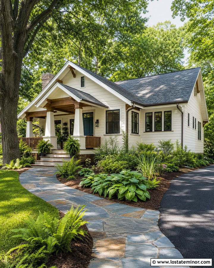 Warm White Bungalow With Slate Walkway - 30 Warm White House Design With Walkway Ideas