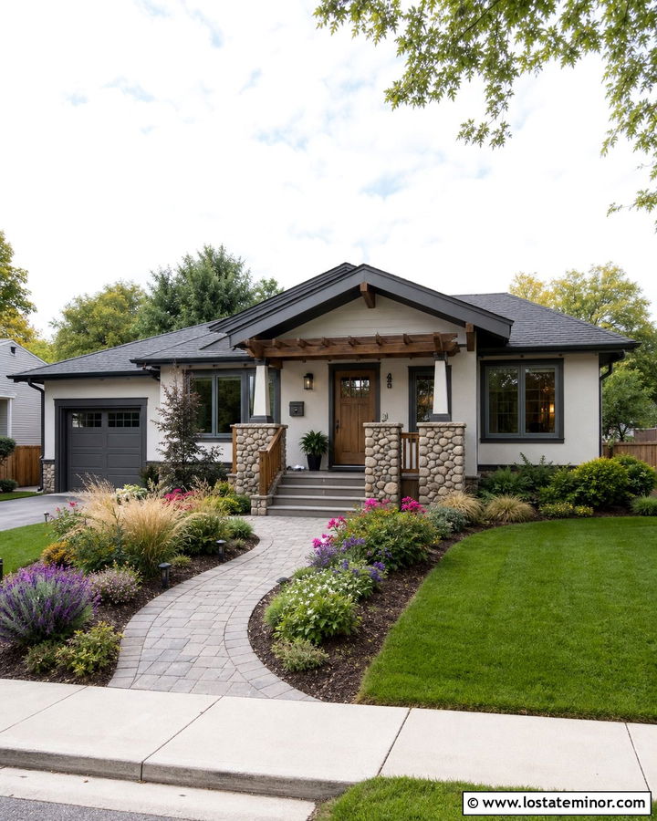 Warm White Bungalow With Small Porch Pergola - 30 Warm White House Design With Pergola Ideas