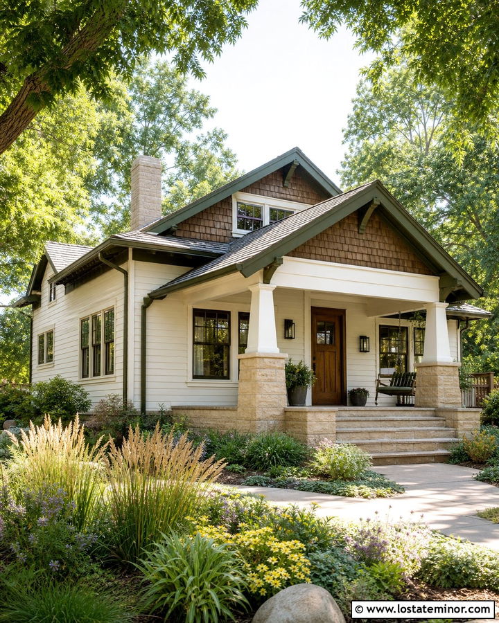 Warm White Bungalow With Stone Columns - 30 Warm White House Design With Stone Accents Ideas