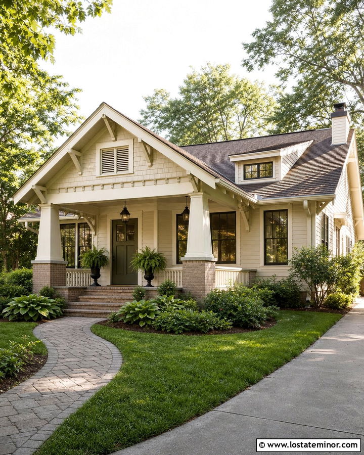 Warm White Bungalow With Tapered Column Portico - 30 Warm White House Design With Portico Ideas