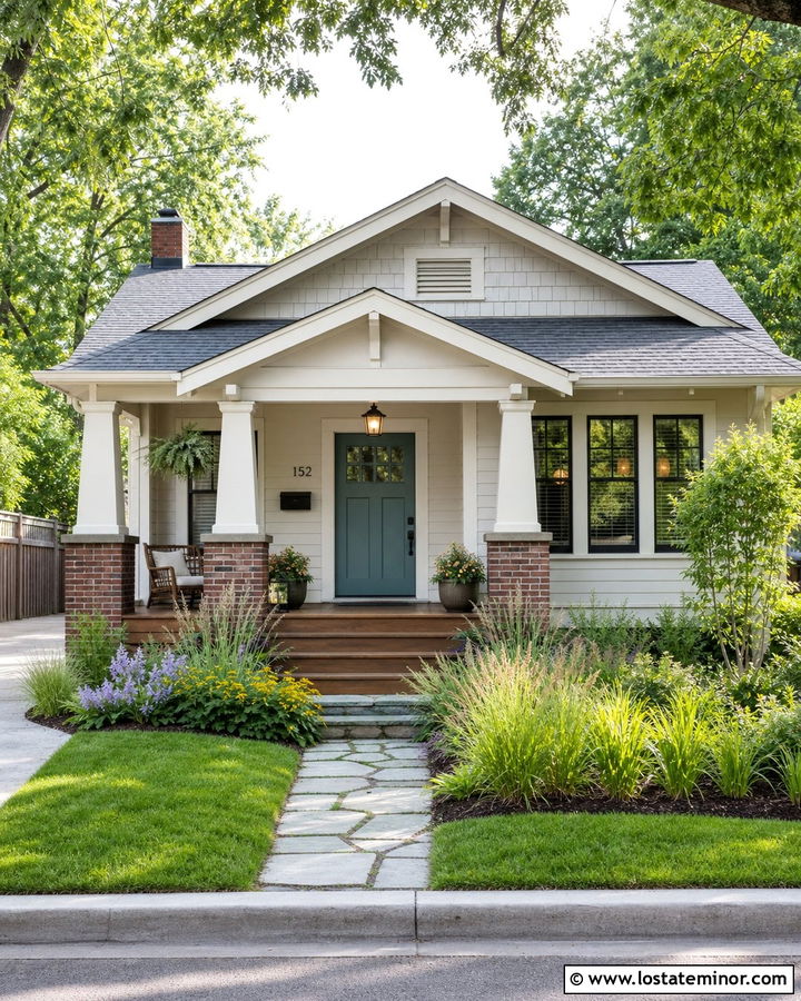 Warm White Bungalow With Teal Front Door - 30 Warm White House Design With Front Door Ideas