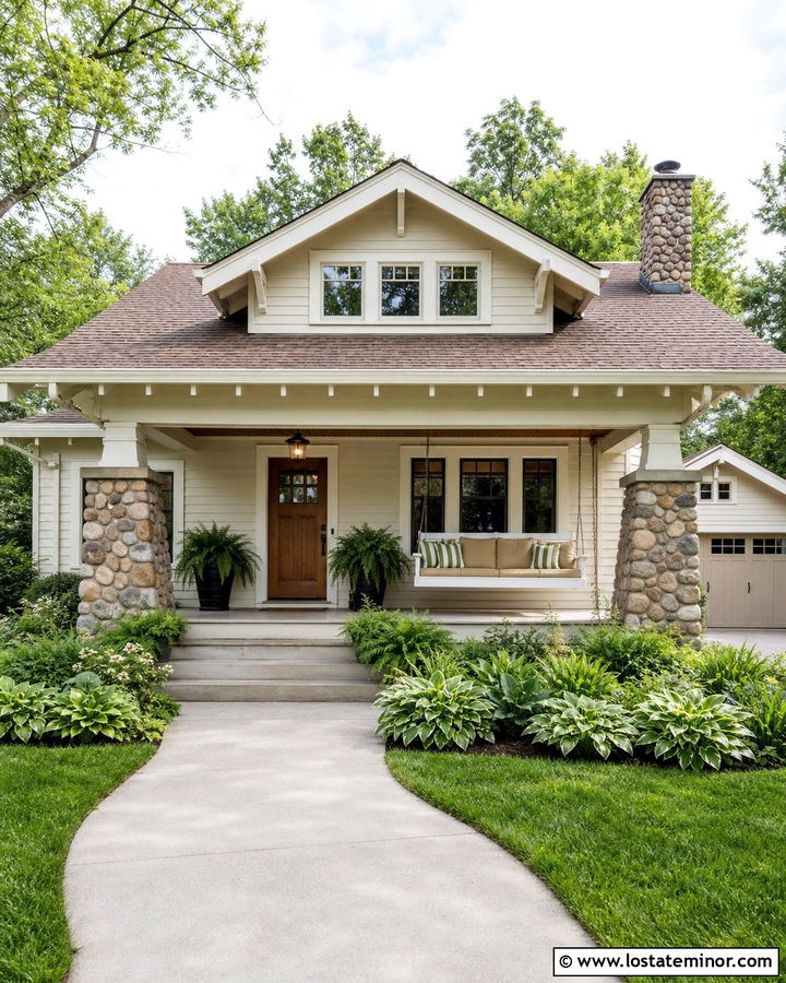Warm White Bungalow With White Porch Swing - 30 Warm White House Design With Swing Ideas