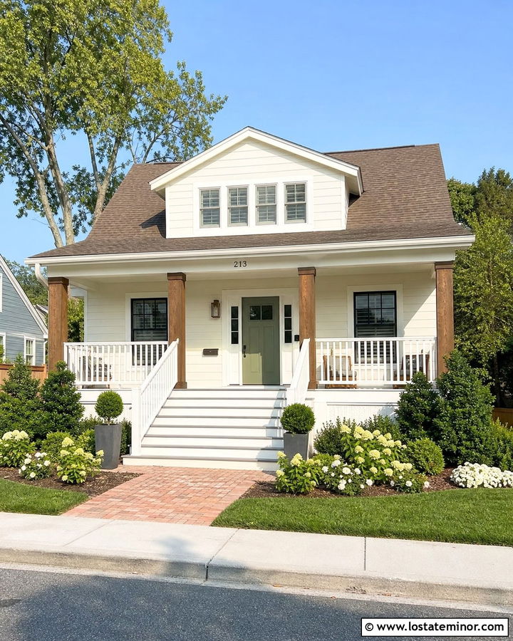 Warm White Bungalow With Wide Porch Steps - 30 Warm White House Design With Steps Ideas