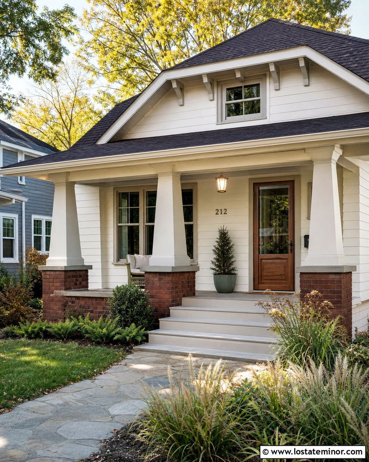 Warm White Bungalow With Wood Look Storm Door - 30 Warm White House Design With Storm Door Ideas