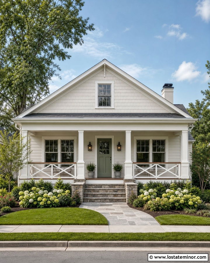 Warm White Bungalow With X Pattern Railings - 30 Warm White House Design With Railings Ideas
