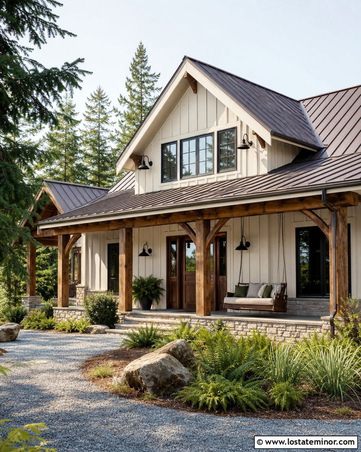 Warm White Cabin House With Timber Swing - 30 Warm White House Design With Swing Ideas