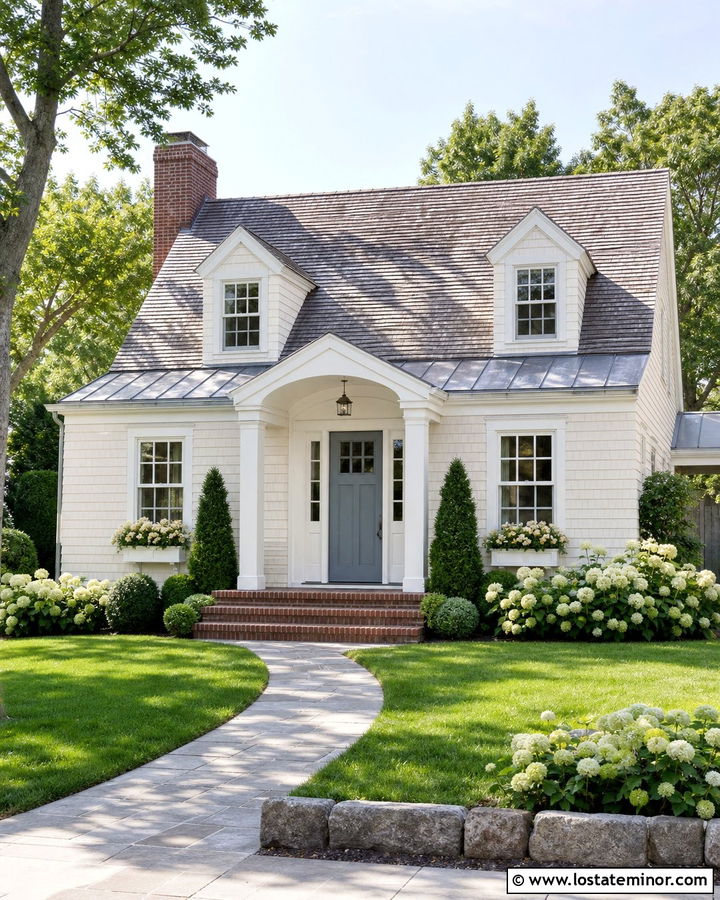 Warm White Cape Cod House With Arched Portico - 30 Warm White House Design With Portico Ideas
