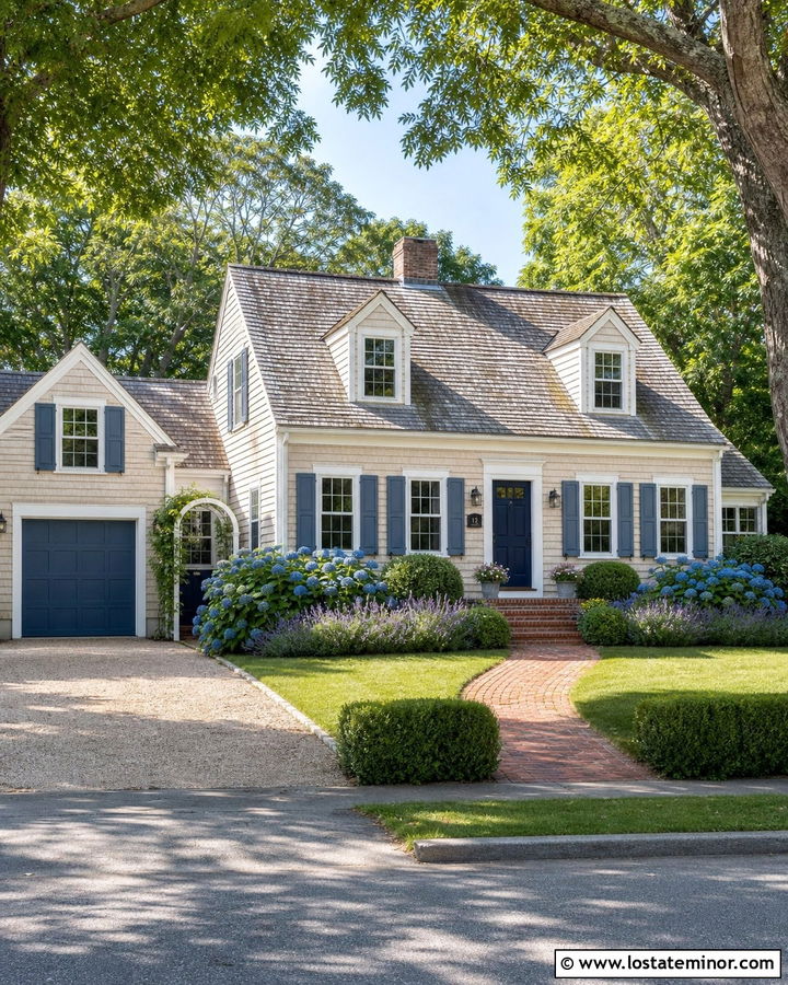 Warm White Cape Cod House With Blue Hydrangeas - 30 Warm White House Design With Landscaping Ideas