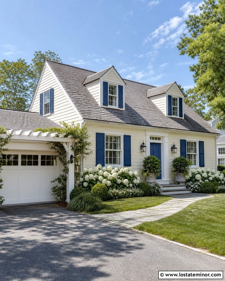 Warm White Cape Cod House With Garage Pergola - 30 Warm White House Design With Pergola Ideas