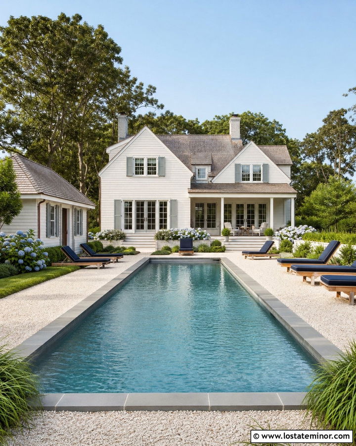 Warm White Cape Cod House With Lap Pool - 30 Warm White House Design With Swimming Pool Ideas