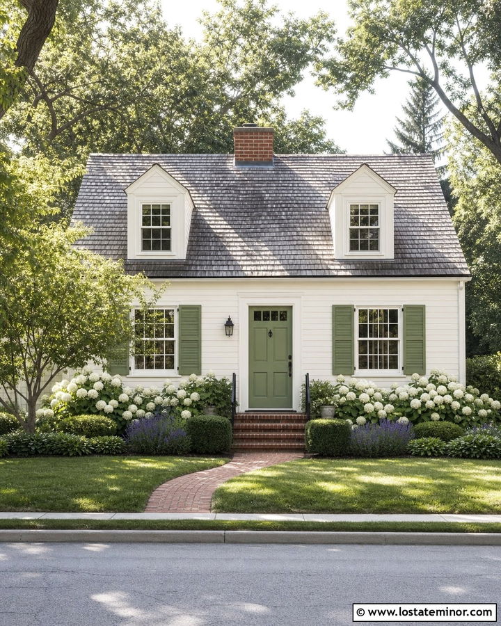 Warm White Cape Cod House With Sage Green Shutters - 30 Warm White House Design With Shutters Ideas