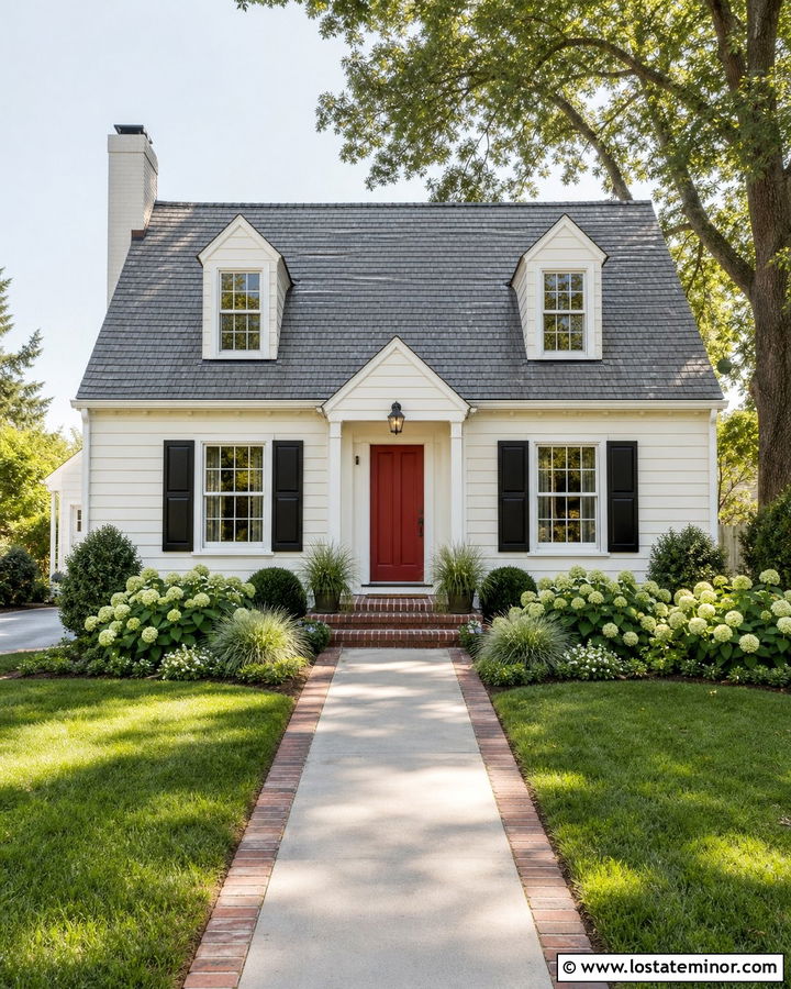 Warm White Cape Cod With Brick Border Walkway - 30 Warm White House Design With Walkway Ideas