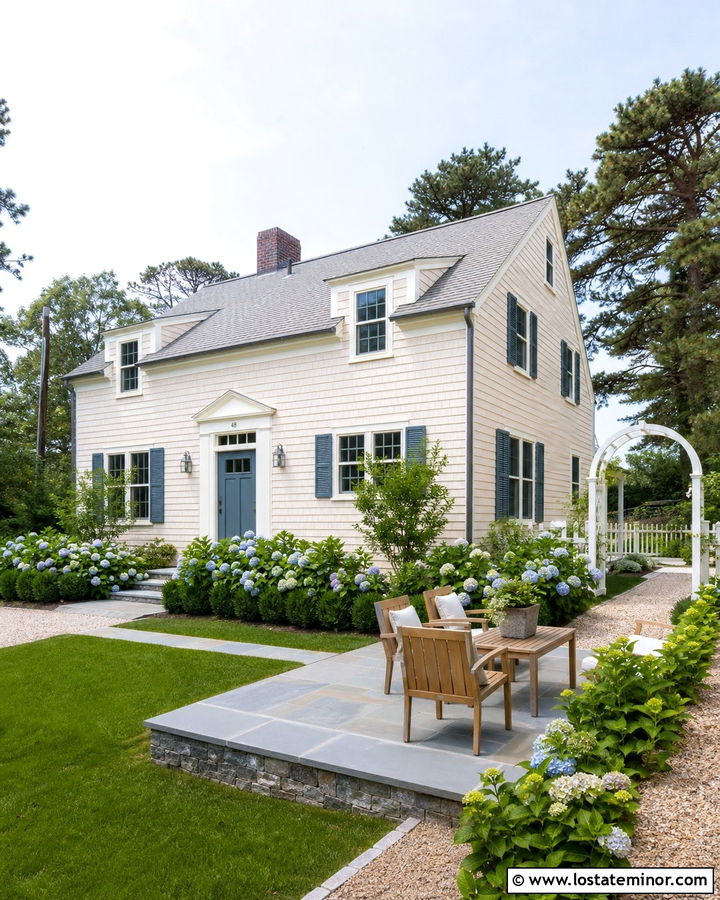 Warm White Cape Cod With Hydrangea Garden - 30 Warm White House Design With Backyard Ideas
