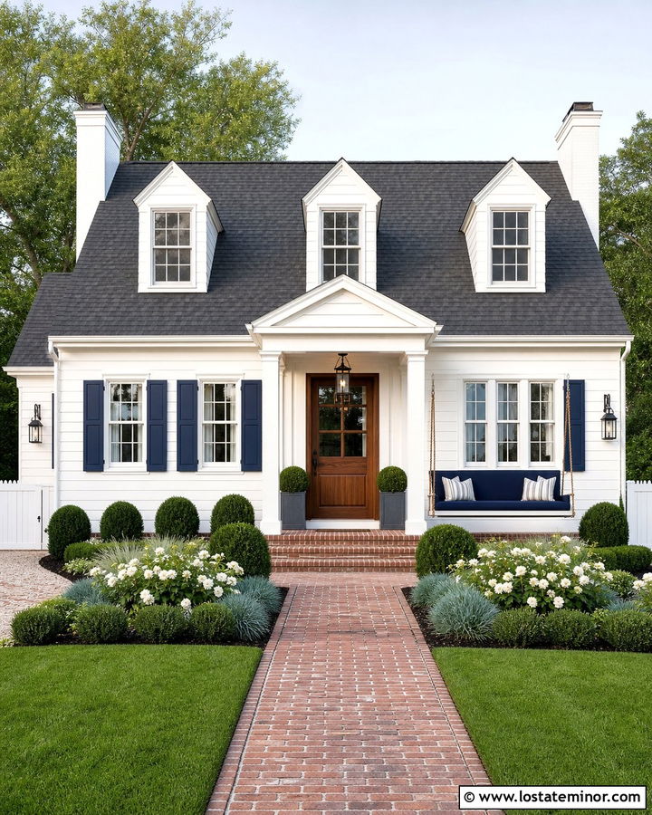 Warm White Cape Cod With Navy Porch Swing - 30 Warm White House Design With Swing Ideas