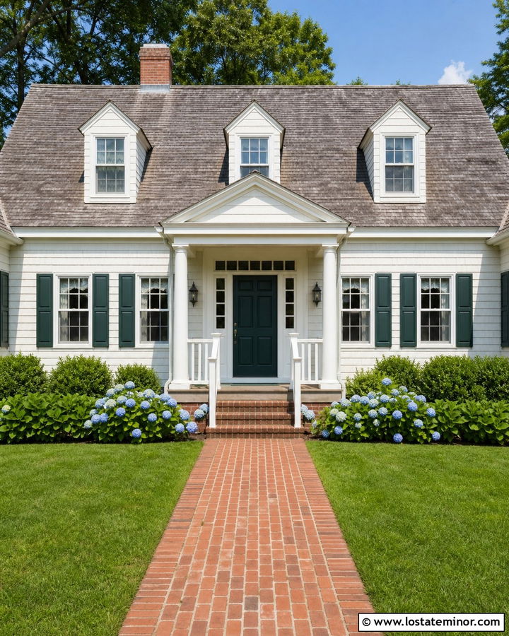 Warm White Cape Cod With Red Brick Steps - 30 Warm White House Design With Steps Ideas