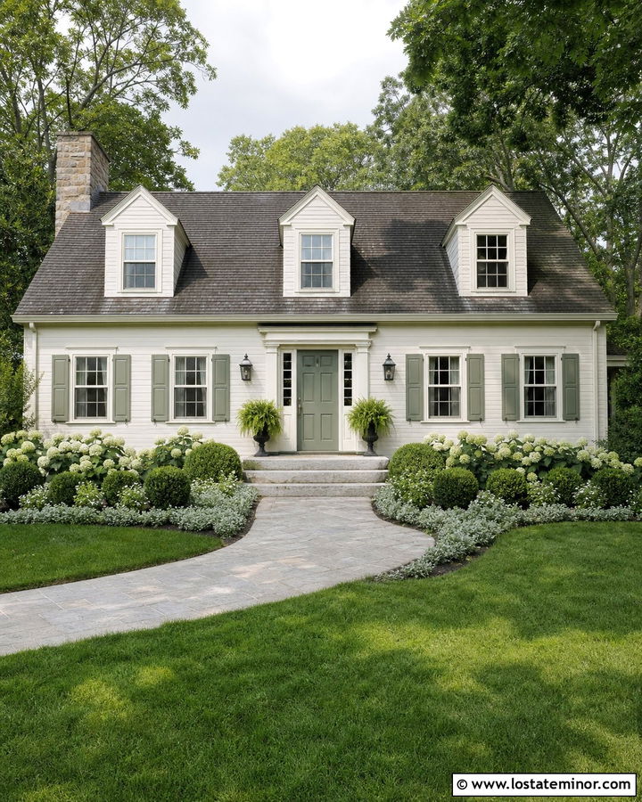 Warm White Cape Cod With Sage Green Shutters - 30 Warm White House Design With Dormers Ideas