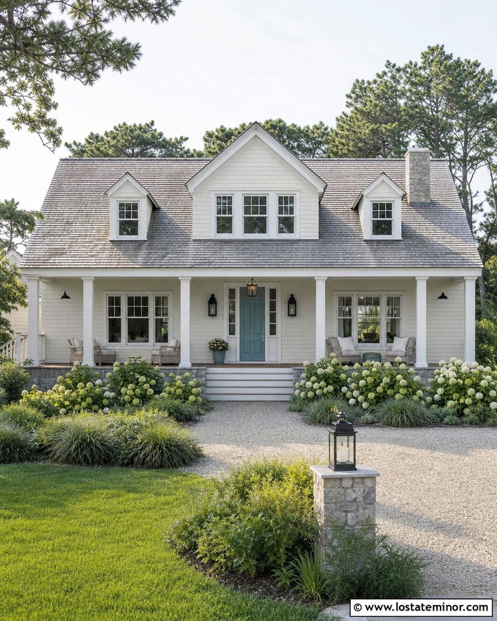Warm White Coastal House With Aqua Front Door - 30 Warm White House Design With Front Door Ideas