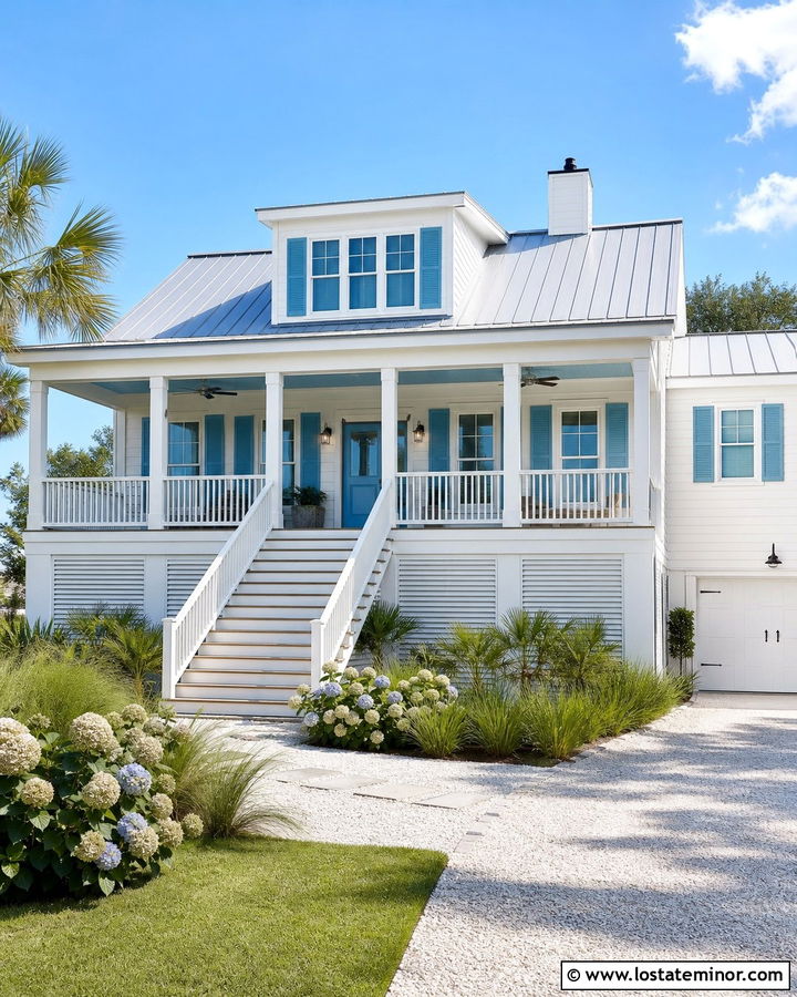 Warm White Coastal House With Blue Bahama Shutters - 30 Warm White House Design With Shutters Ideas