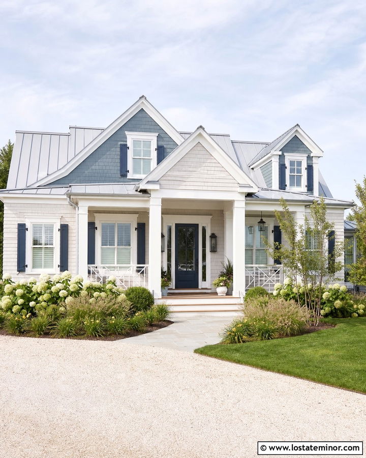 Warm White Coastal House With Blue Dormers - 30 Warm White House Design With Dormers Ideas