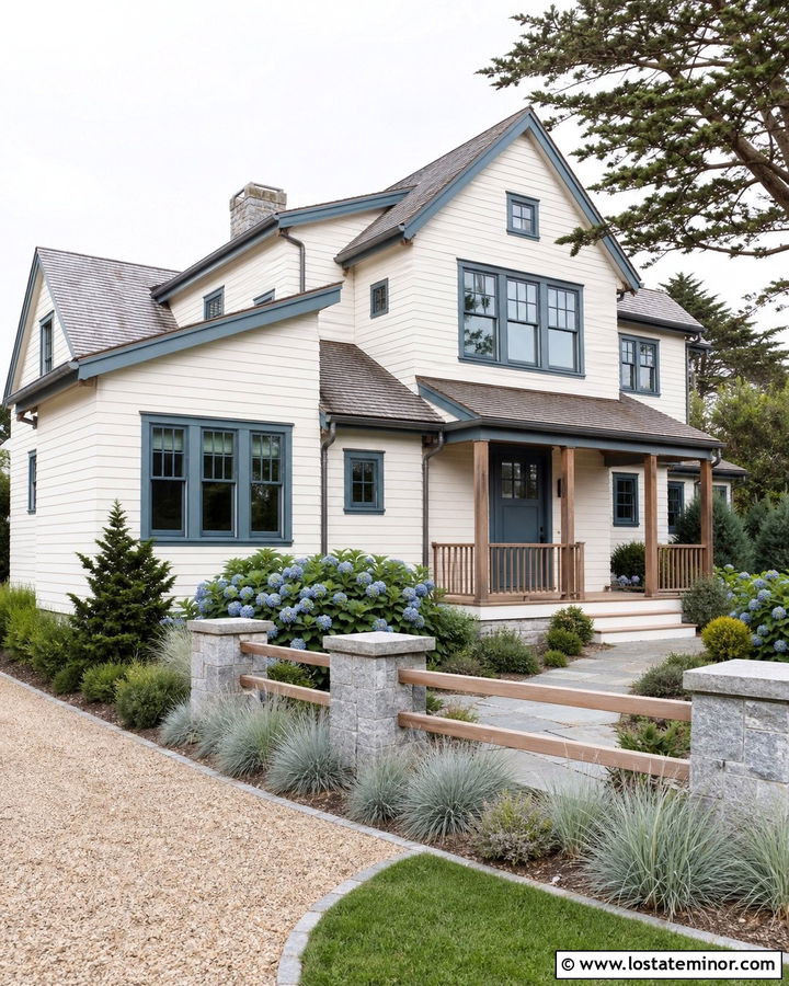 Warm White Coastal House With Blue Front Yard Accents - 30 Warm White House Design With Front Yard Ideas