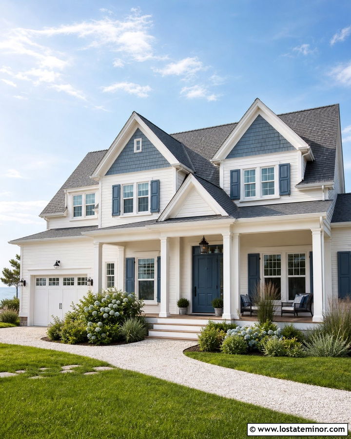 Warm White Coastal House With Blue Gables - 30 Warm White House Design With Gables Ideas