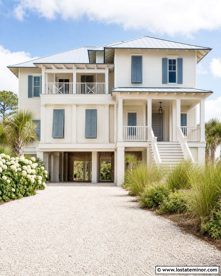 Warm White Coastal House With Breezy Carport - 30 Warm White House Design With Carport Ideas